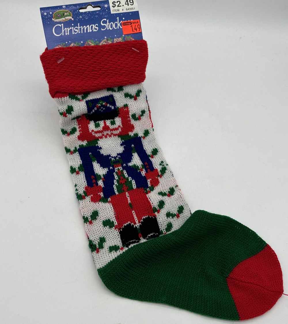 New Vintage Knit Stocking Green Red Blue Nutcracker Retro Holiday Decor